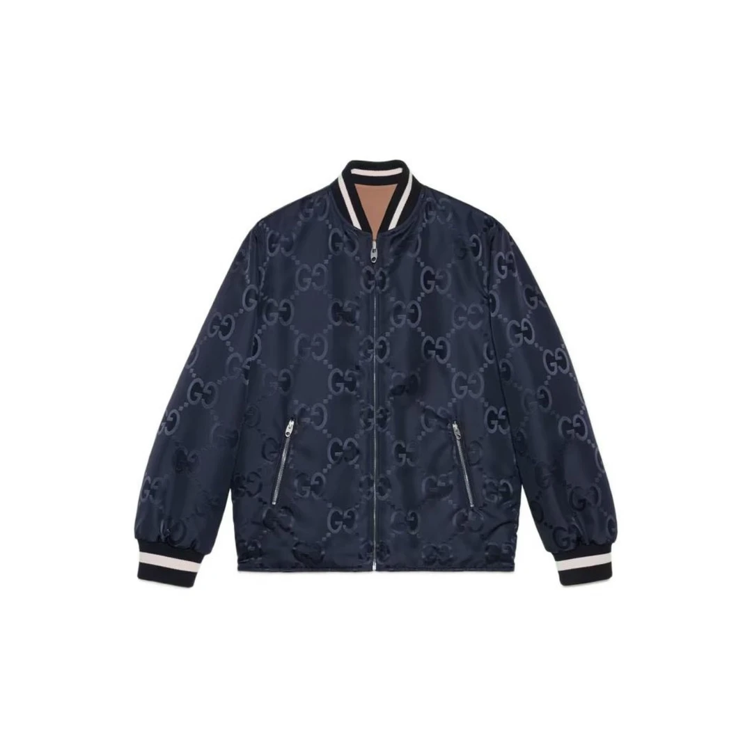 全新未使用 GUCCI/古驰 藏青色/驼色双面穿 浮雕满印薄棉夹克外套