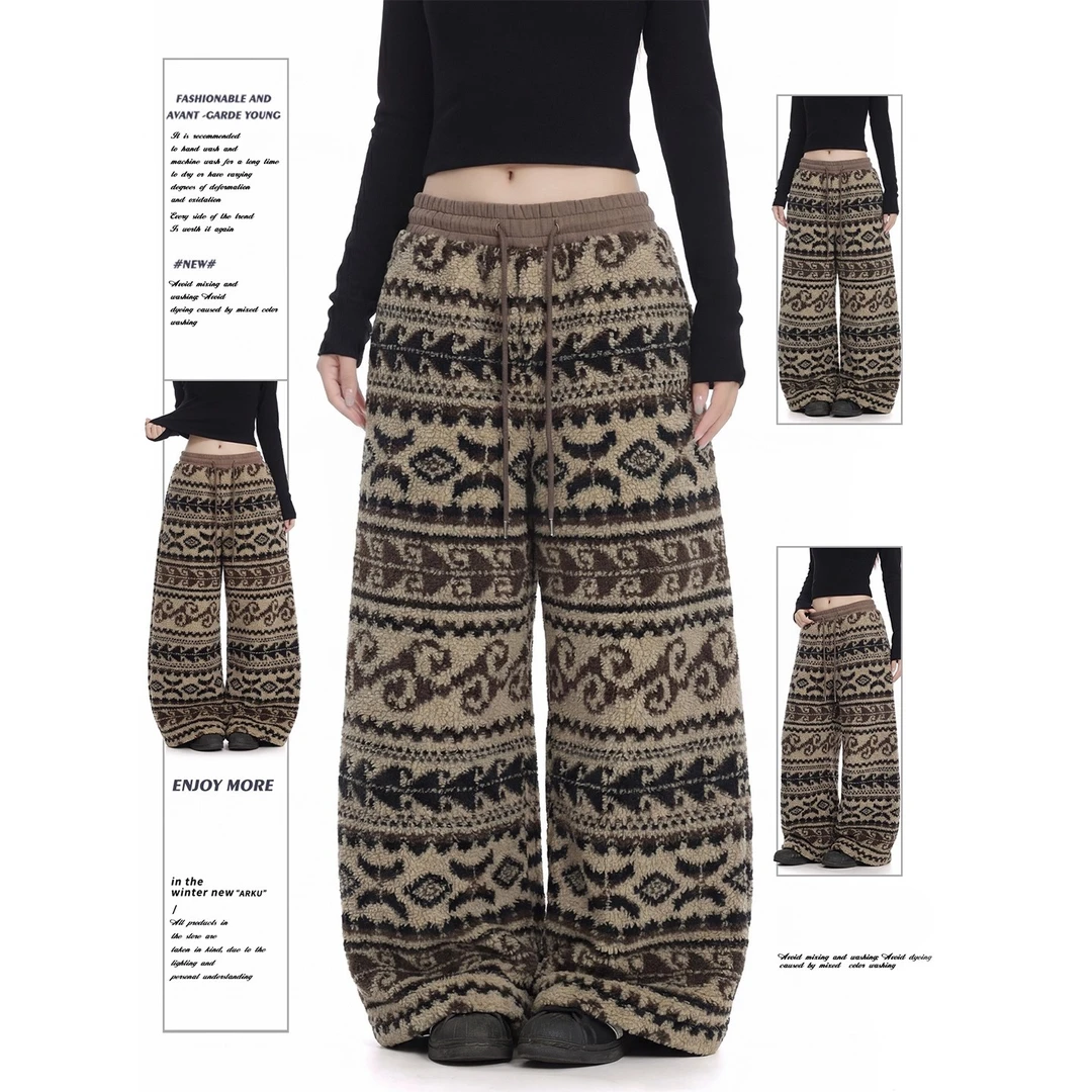 美式复古费尔岛羊羔绒棉裤女宽松慵懒显瘦加厚保暖阔腿直筒休闲裤