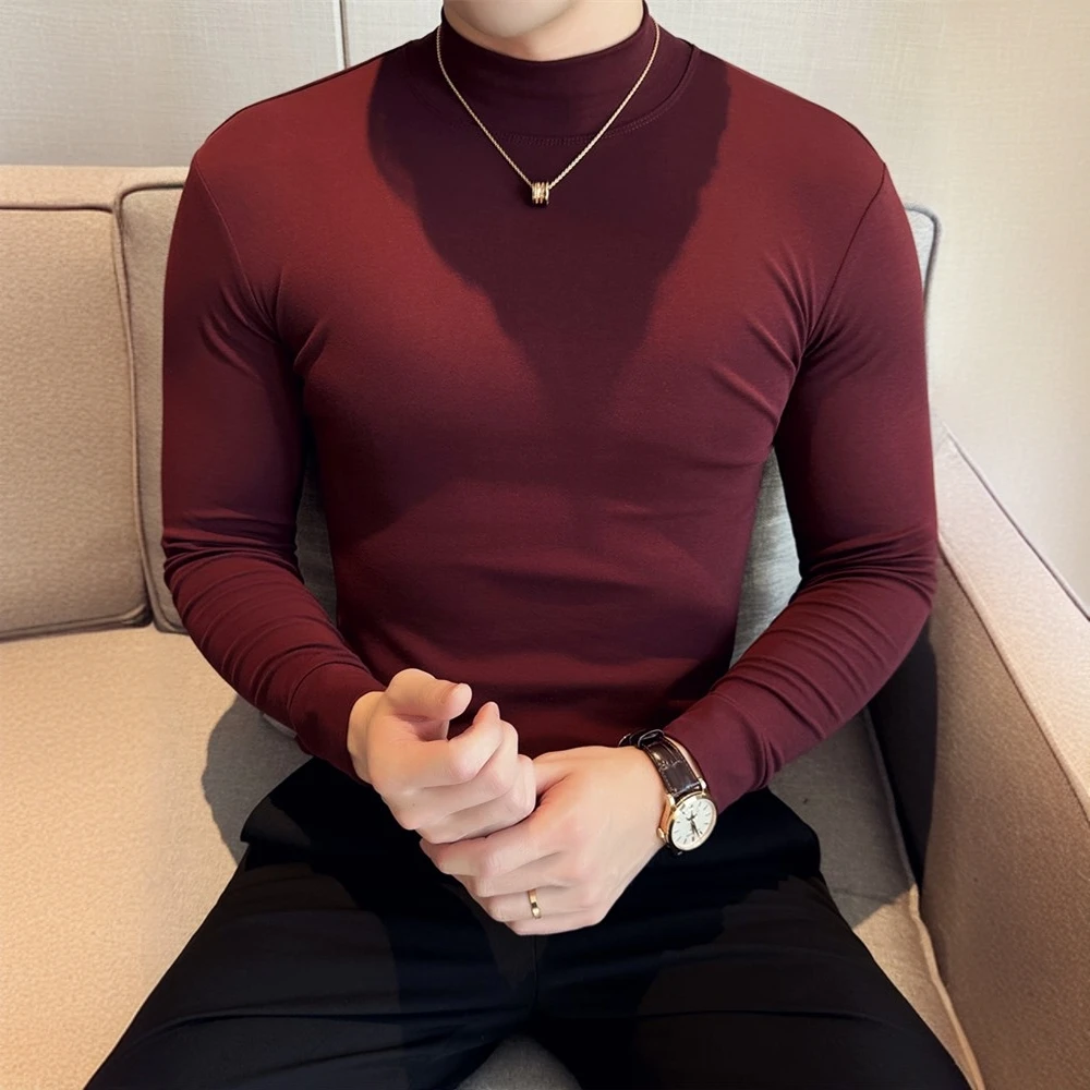 正品半高领长袖打底衫男士秋冬紧身百搭纯色弹力韩版修身中领时尚