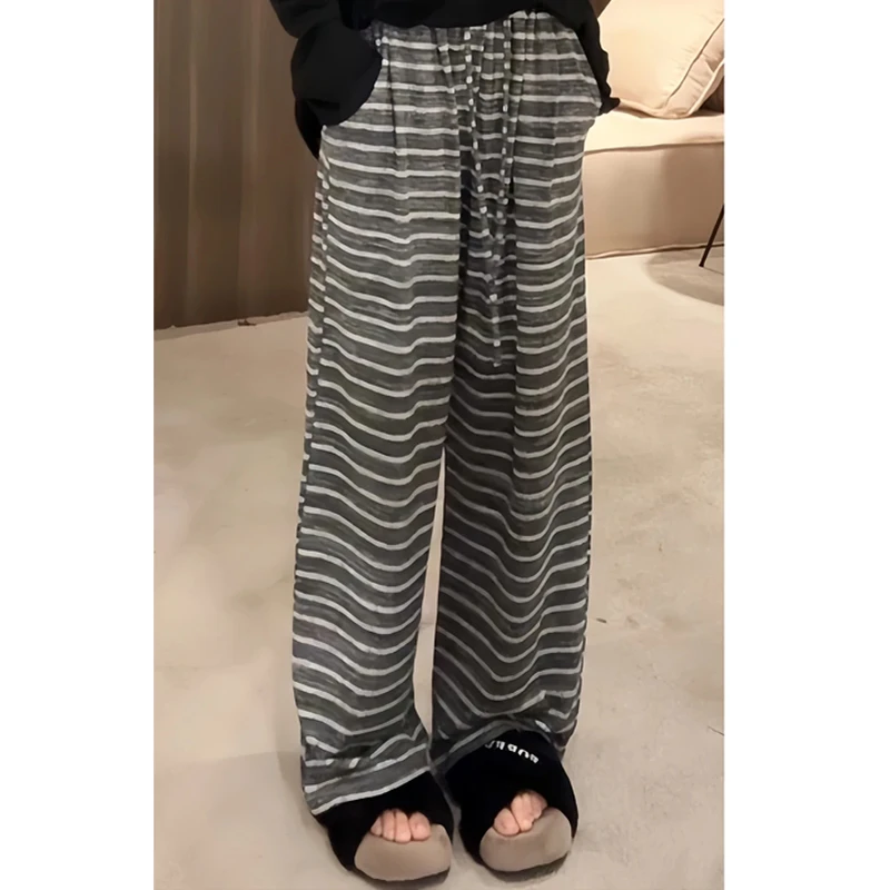 2025秋季新款时尚高级感气质显瘦宽松高腰抽绳条纹休闲阔腿长裤女