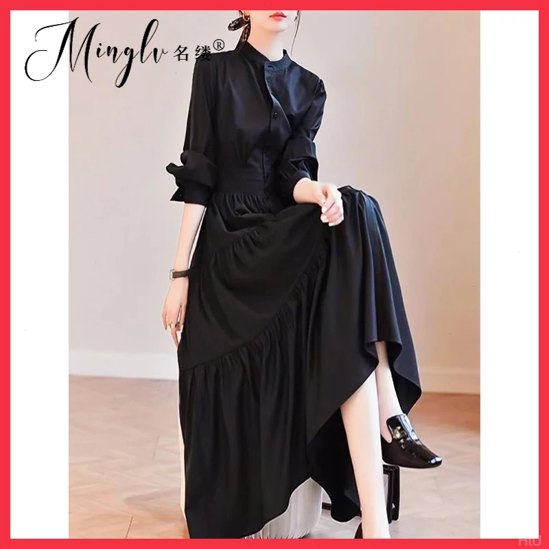 名媛显瘦黑色长袖复古女士秋装收腰立领大摆高端气质衬衫式连衣裙