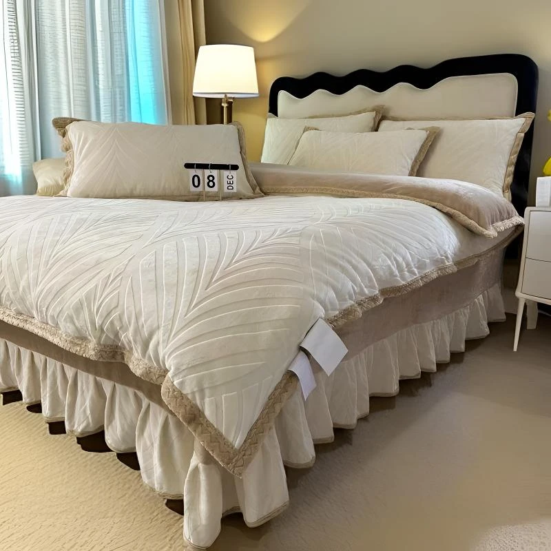 冬季加厚牛奶绒四件套轻奢高级感裸睡纯色绒被法式床上用品双面绒