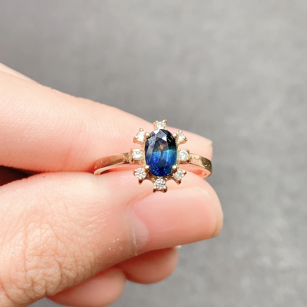 18k黄金天然山东蓝宝石戒指5x7总重2.65g精致百搭