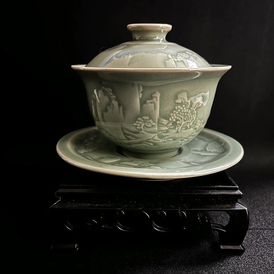 耀州窑 瓷盖碗 耀州瓷 山水纹饰三才盖碗 瓷盖碗