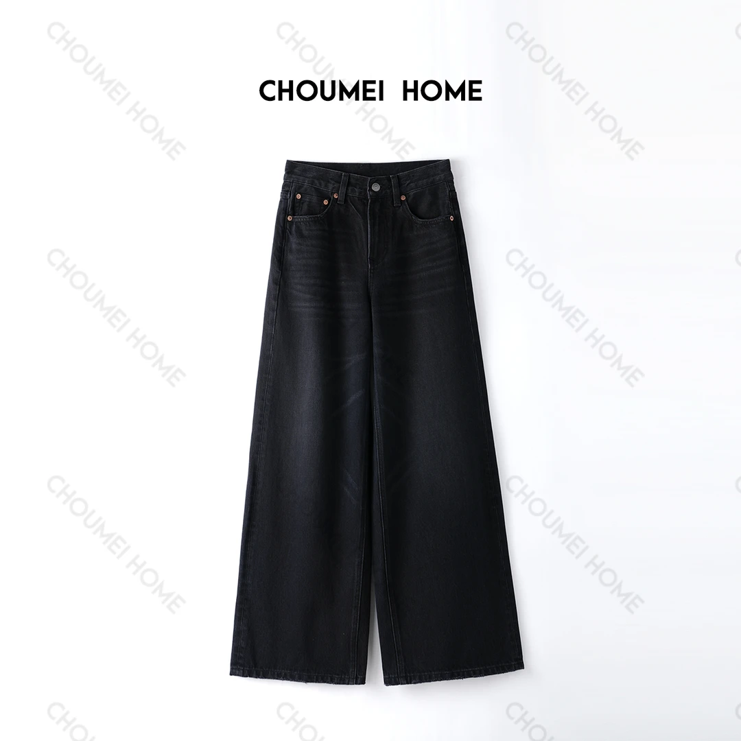 Choumei Home秋冬款阔腿牛仔裤女 复古做旧长裤中高腰直筒黑牛