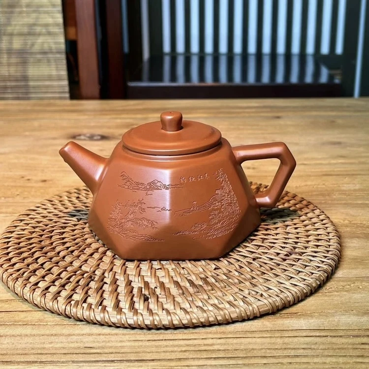 六方钻石壶紫砂原矿朱泥山水刻绘小容量单人壶大红半手壶高档