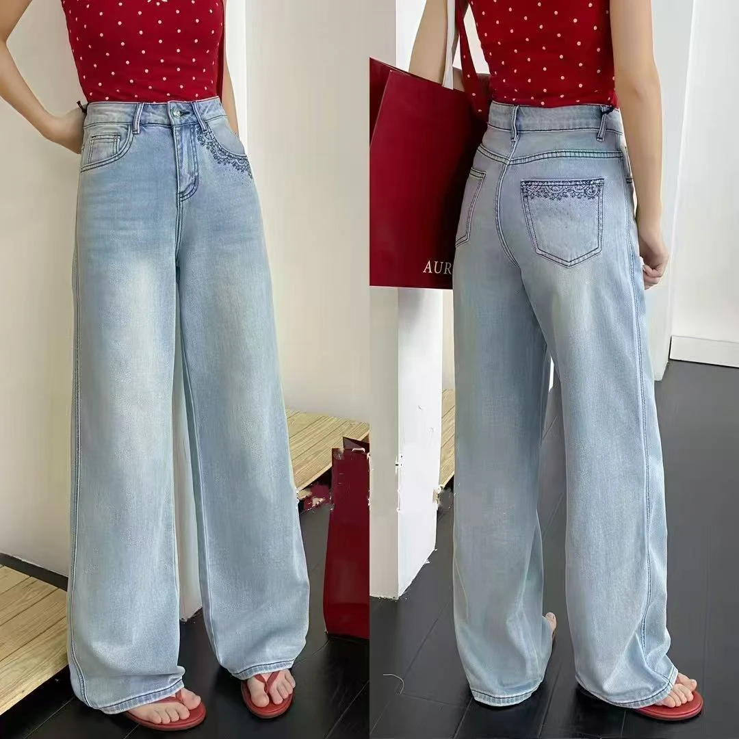 【锦衣服饰】LK 51514(1514)韩系口袋刺花烫钻直筒裤