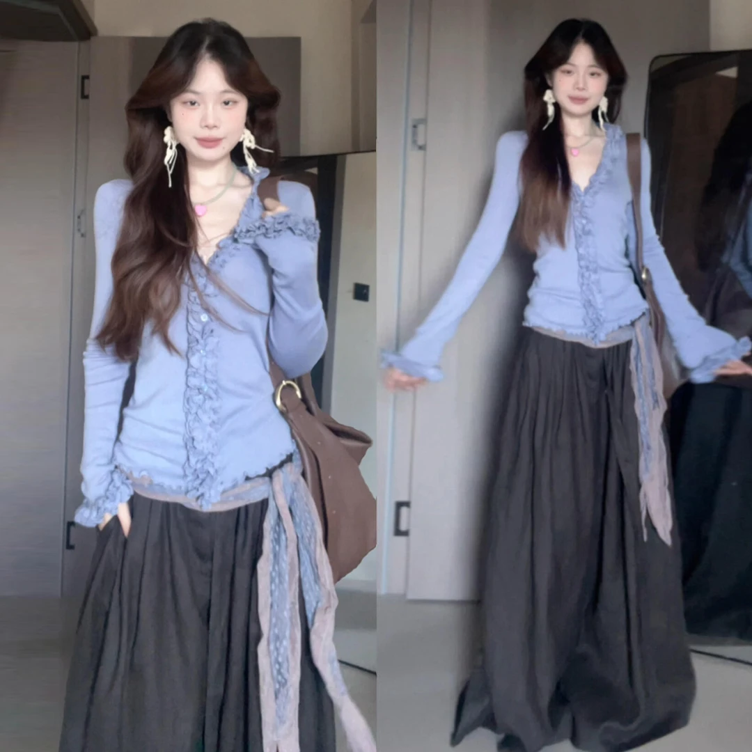 高级感chic别致V领长袖木耳边针织开衫早秋2025新款上衣7885