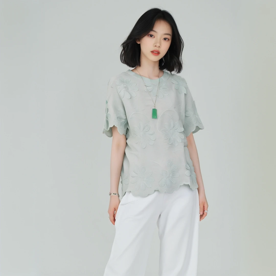 夏季新款宽松气质短袖T恤欧若风立体花瓣波浪边百搭显瘦上衣7230