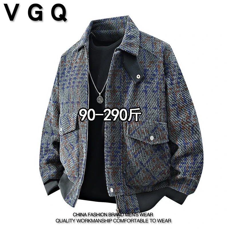 VGQ男士小香风翻领夹克秋季加肥加大码美式休闲复古百搭外套上衣