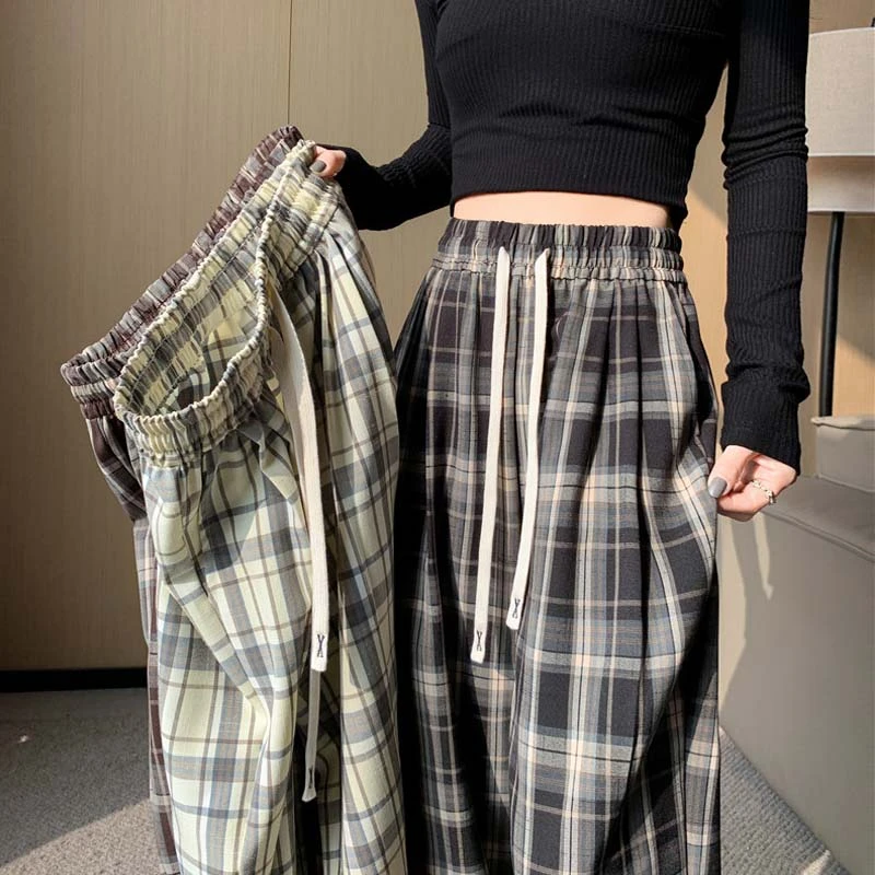 复古格子阔腿裤女装冬季大码松紧高腰宽松女士加绒加厚加绒直男友