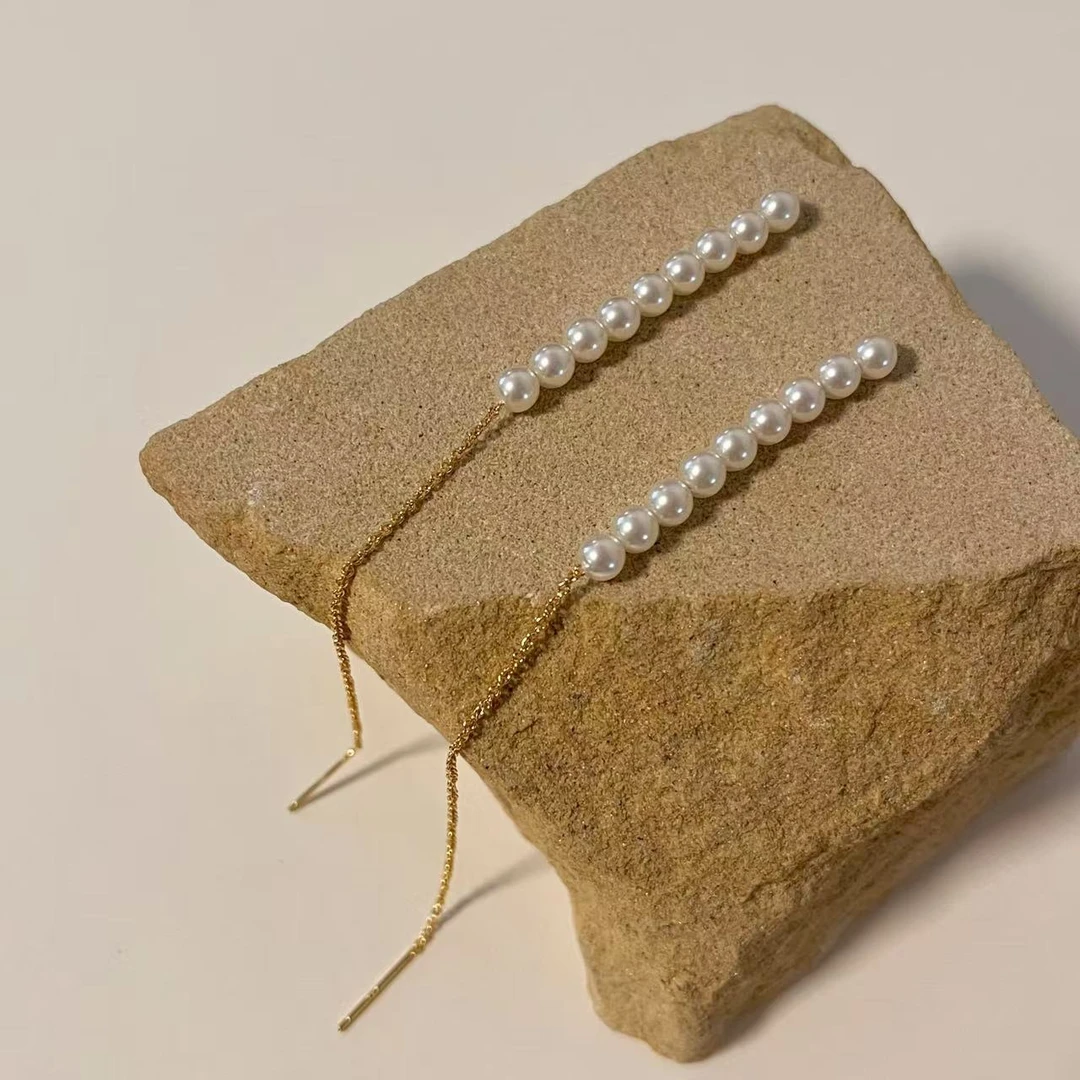 合金仿珍珠耳饰 简约气质 小灯泡珠 白色珠珠线条流苏耳钉 耳线