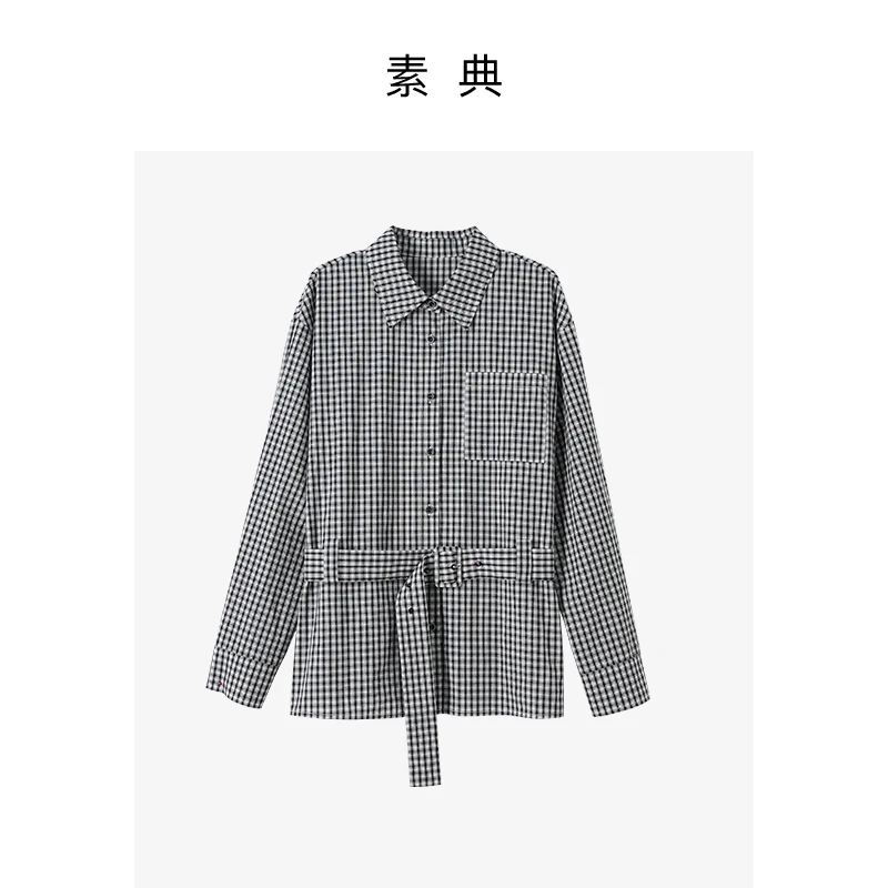 素典【格纹小镇】长袖短款休闲时尚翻领格纹宽松秋季衬衫4865
