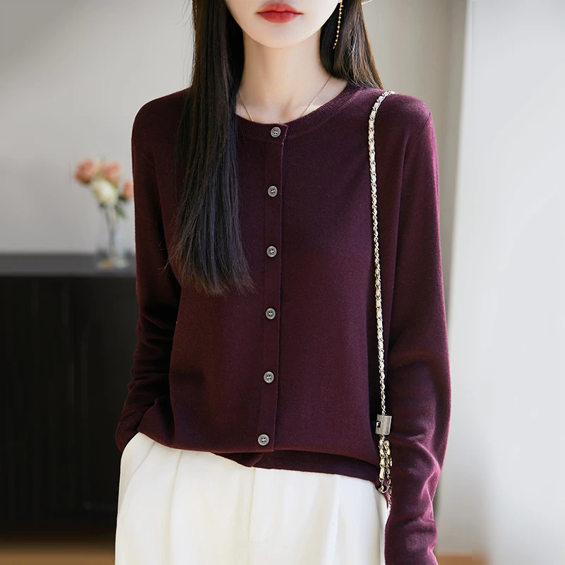 软糯亲肤~水溶精纺绵羊毛圆领长袖针织开衫女春秋百搭开衫上衣