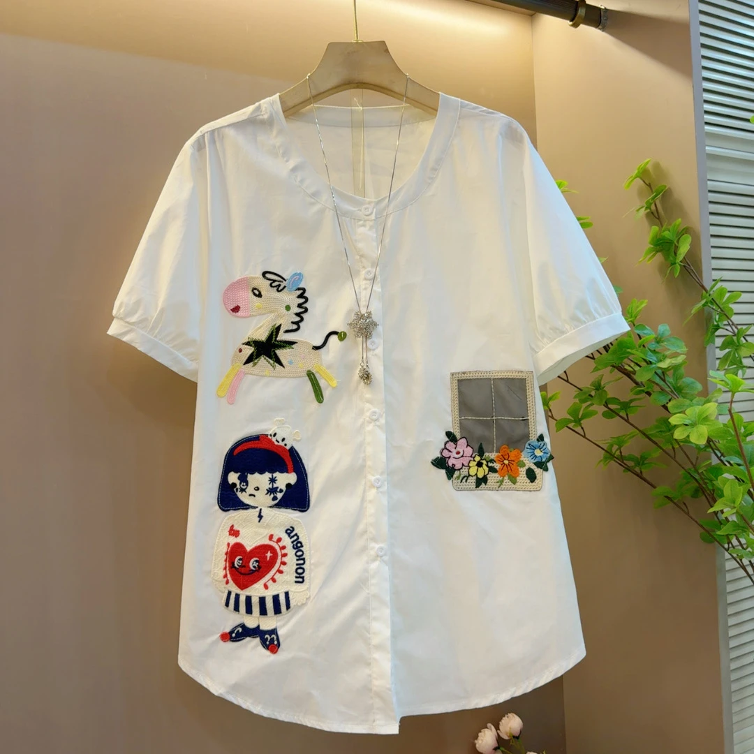 卡通刺绣纯色圆领宽松夏季爆款2025女装小衫上衣（长64左右）