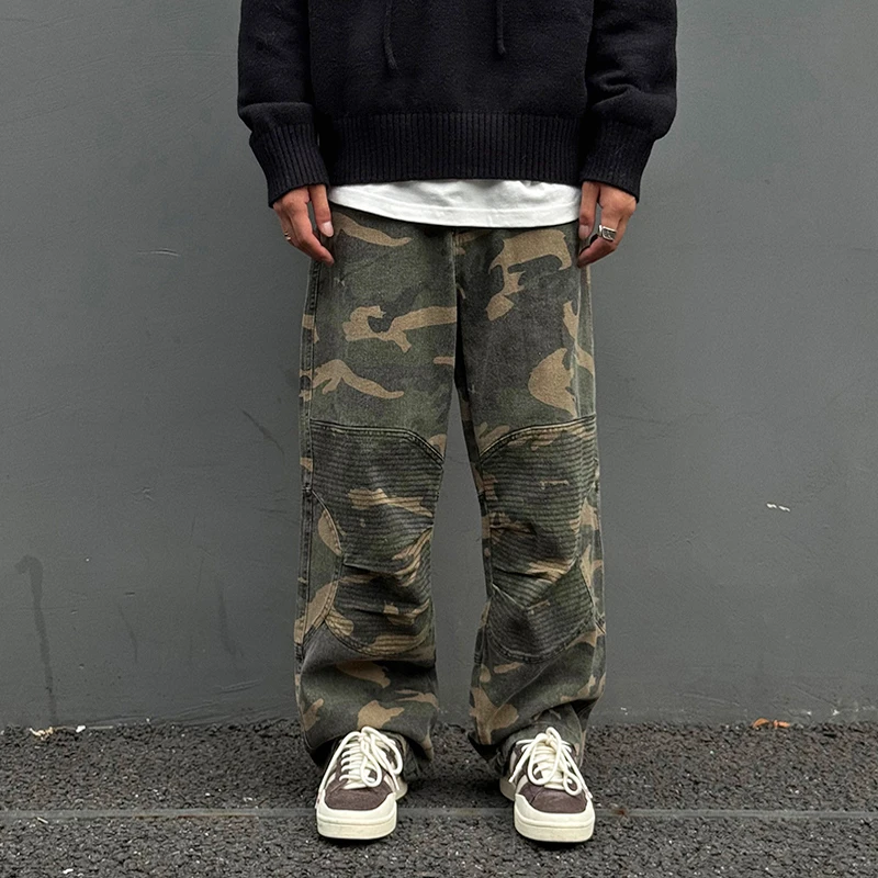 【UNAPS】秋冬vintage复古刺绣拼接迷彩工装裤男女宽松休闲裤直筒裤