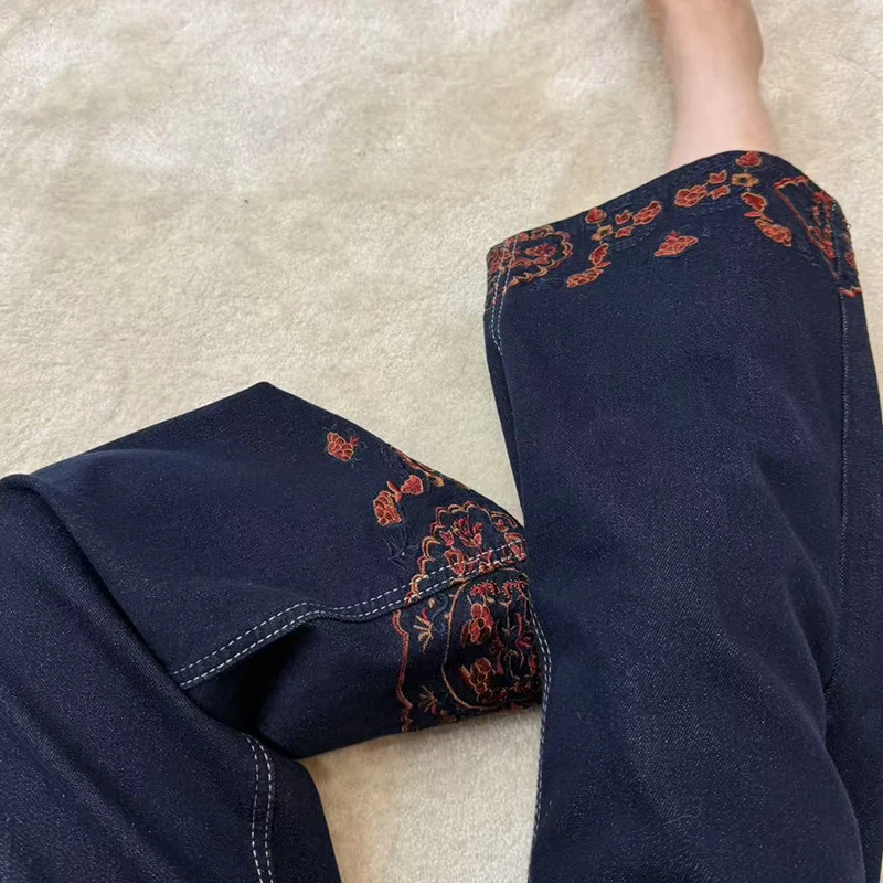 八分九分弹力重工刺绣秋季直筒阔腿裤牛仔裤时尚保暖新中式丹宁风