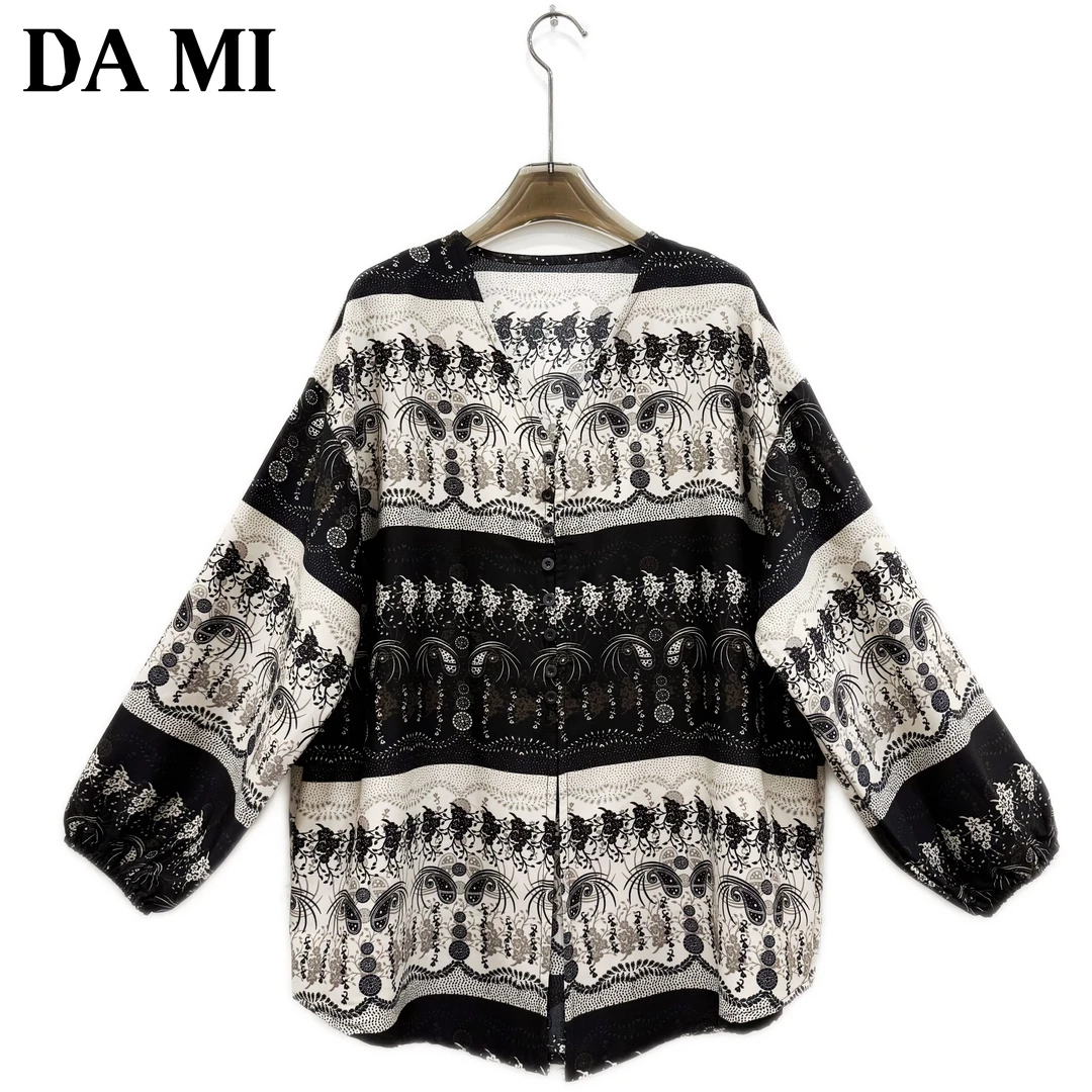 【大蜜】7103#夏季新款设计感复古花色拼接气质休闲百搭V领上衣