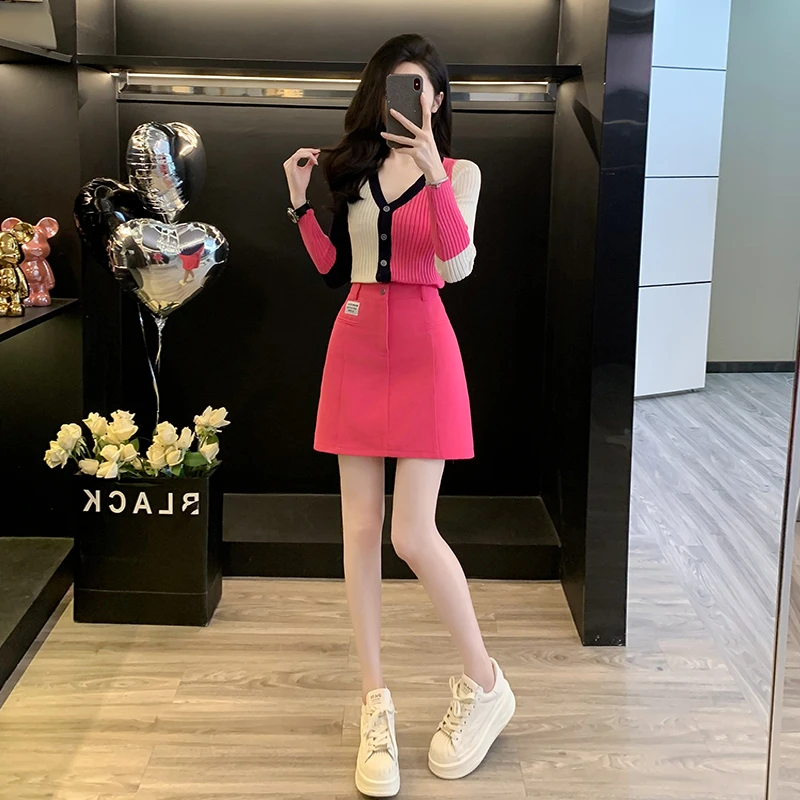 小个子时尚洋气气质套装女V领拼色开衫上衣牛仔短裙显瘦两件套潮
