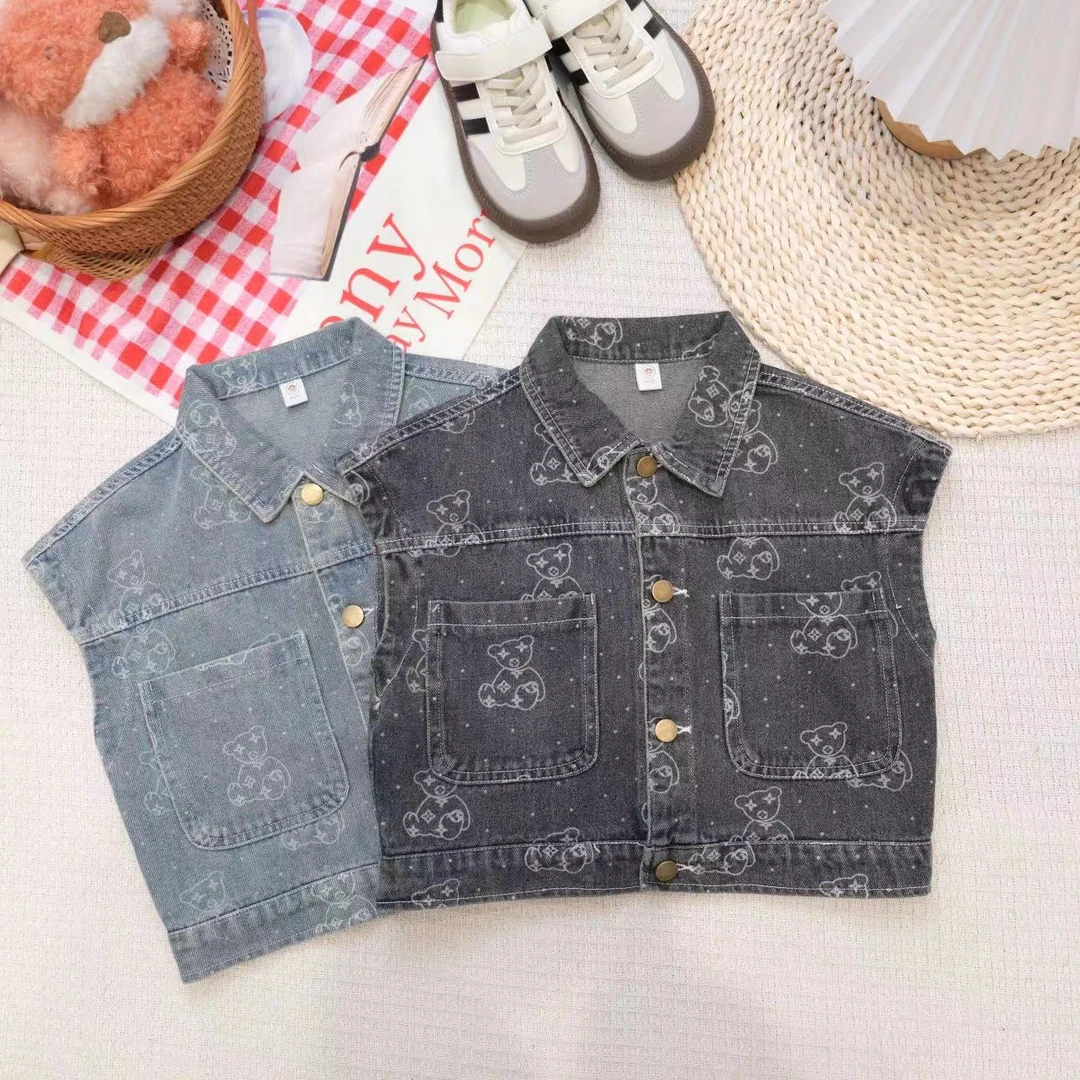 儿童春秋韩版卡通满印小熊牛仔马甲CH058