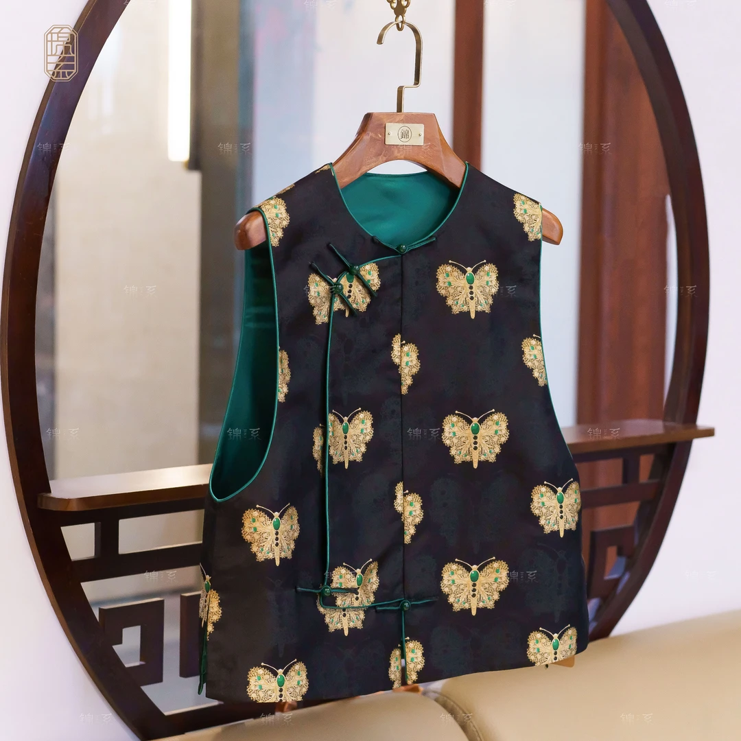 【锦系】上久楷宋锦新中式国风桑蚕丝圆领斜襟马甲背心E-382330