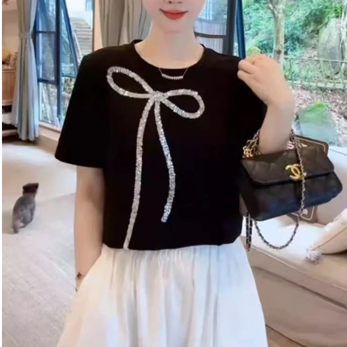 时尚重工蝴蝶结亮片短袖T恤女2025夏季新款百搭洋气减龄半袖上衣