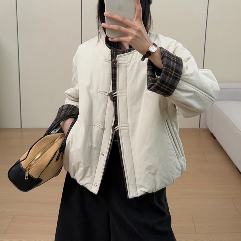 【小沫家】撞色袖口格子拼接棉服外套女秋冬新款时尚保暖小个子棉衣