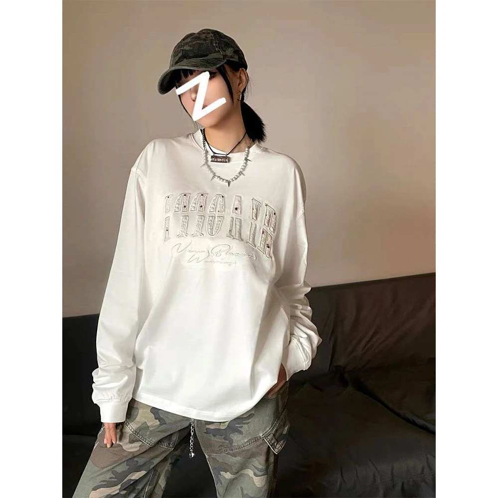 韩系复古字母刺绣卫衣女春秋宽松潮牌慵懒风oversize无帽套头上衣