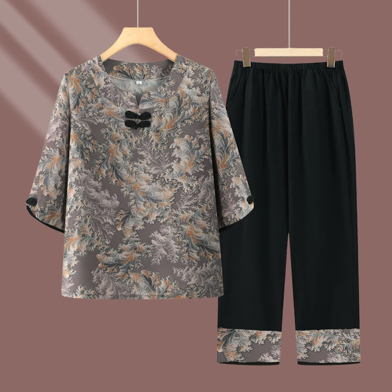 中老年人夏装套装女奶奶半袖T恤两件套小个子妈妈装夏天薄款衣服