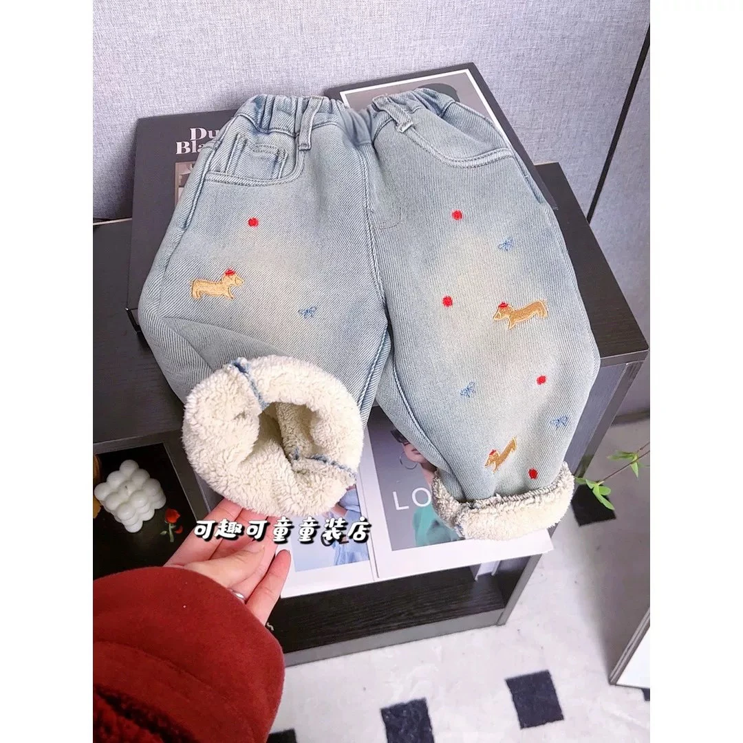 704刺绣牛仔裤加厚男女童冬季
