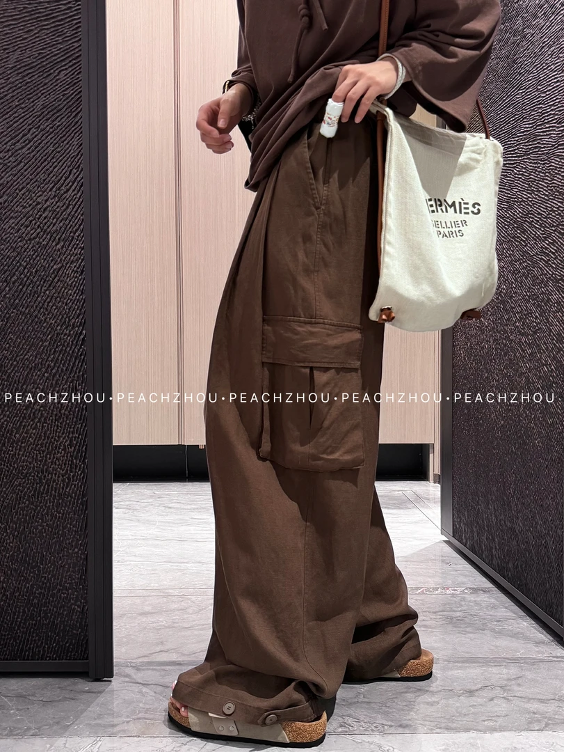 『PEACHZHOU』天丝亚麻垂感轻薄款工装大口袋宽松休闲调节扣阔腿裤