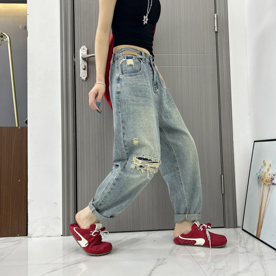 春款老爹裤破洞高腰显瘦1273百搭软牛仔裤女宽松大码高街复古哈伦