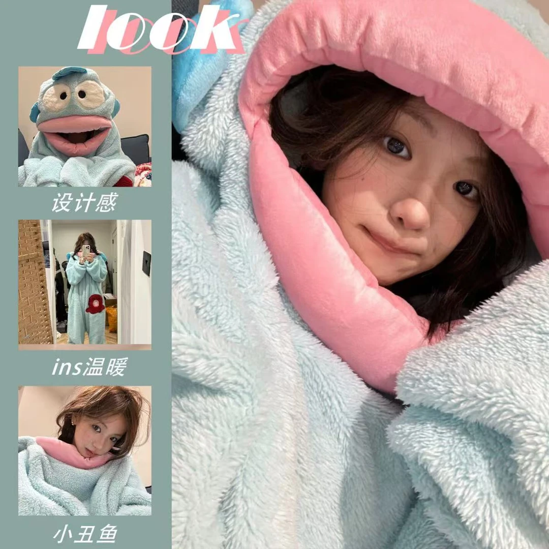 人鱼汉顿丑鱼睡衣连体珊瑚绒秋冬季加厚保暖连帽毛绒睡袋卡通外穿