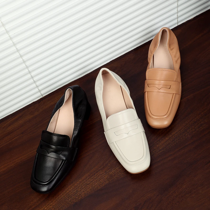 手工超软羊皮乐福鞋女软底粗跟复古真皮单鞋百搭一脚蹬小皮鞋