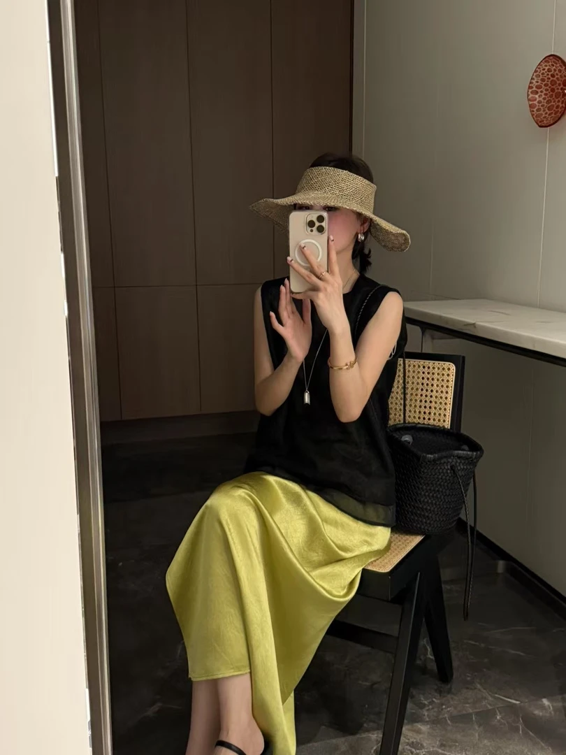 2025高腰肌理感直筒醋酸半身裙女夏后开叉气质中长款薄款裙#32066