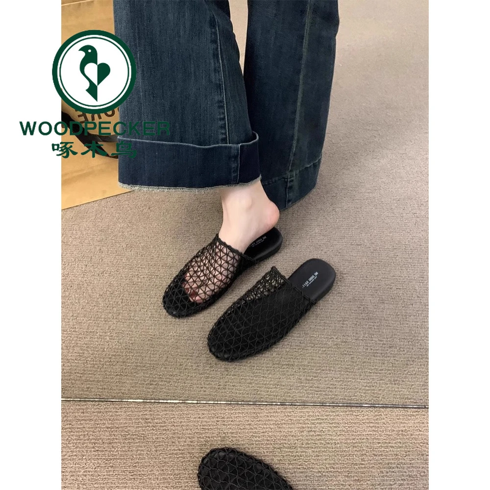 啄木鸟法式小众渔网包头半拖鞋女夏外穿凉拖鞋2025新款洞洞渔夫鞋