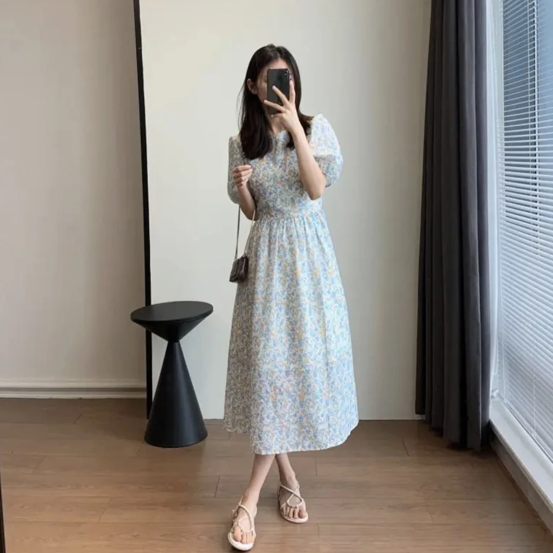 2509183小众碎花后背绑带短袖连衣裙女温柔简约风25春夏新款