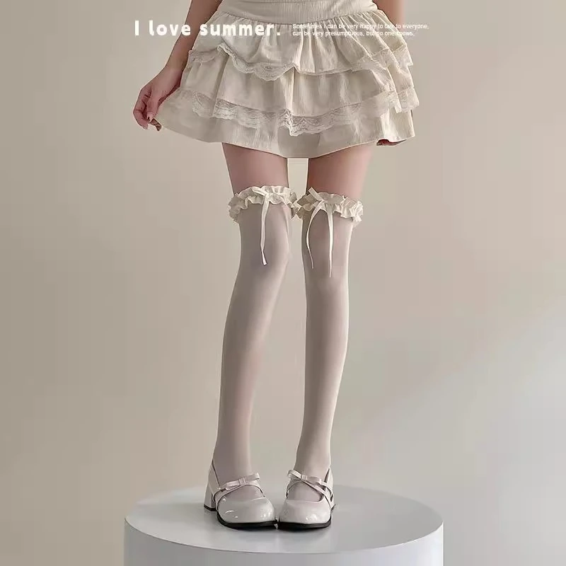lolita白丝过膝袜女蝴蝶结蕾丝长筒袜子洛丽塔花边黑色奶白大腿袜