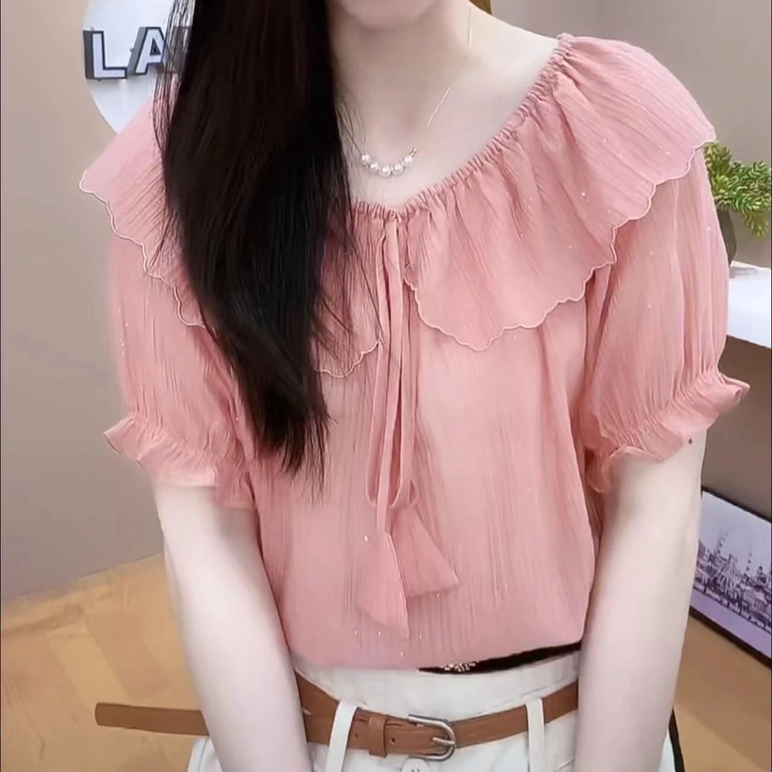 气质2025荷叶边上衣女夏季爆款法式时尚雪纺女士减龄超仙年轻洋气