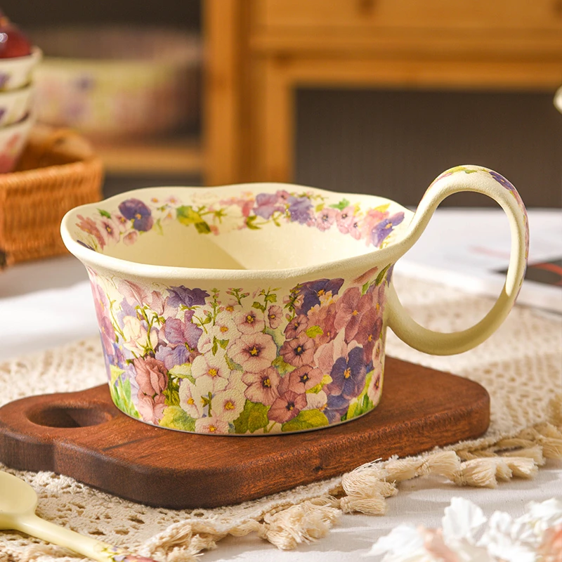 繁花似锦曲把碗家用陶瓷泡面碗吃面一人食碗带手柄ins高颜值