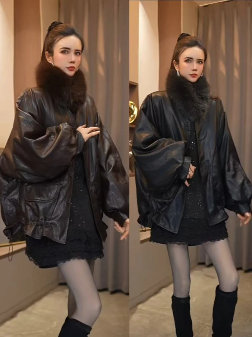 【25104#】冬季新款韩版显瘦加绒皮衣外套（带毛领）