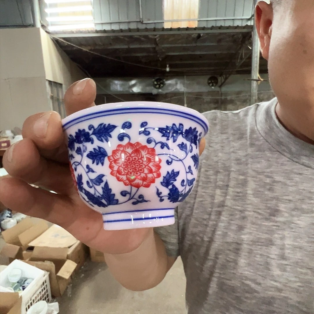 瓷片景德镇高温陶瓷红嘻嘻缠枝莲压手杯一只