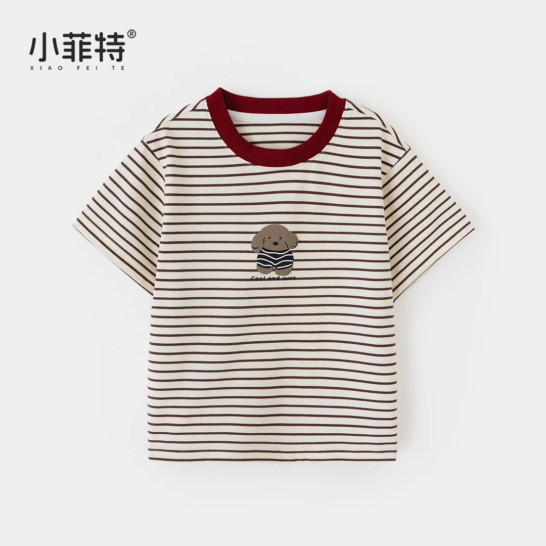 小菲特夏季新款女童小狗条纹短袖百搭女宝宝儿童夏天t恤YNYX50572