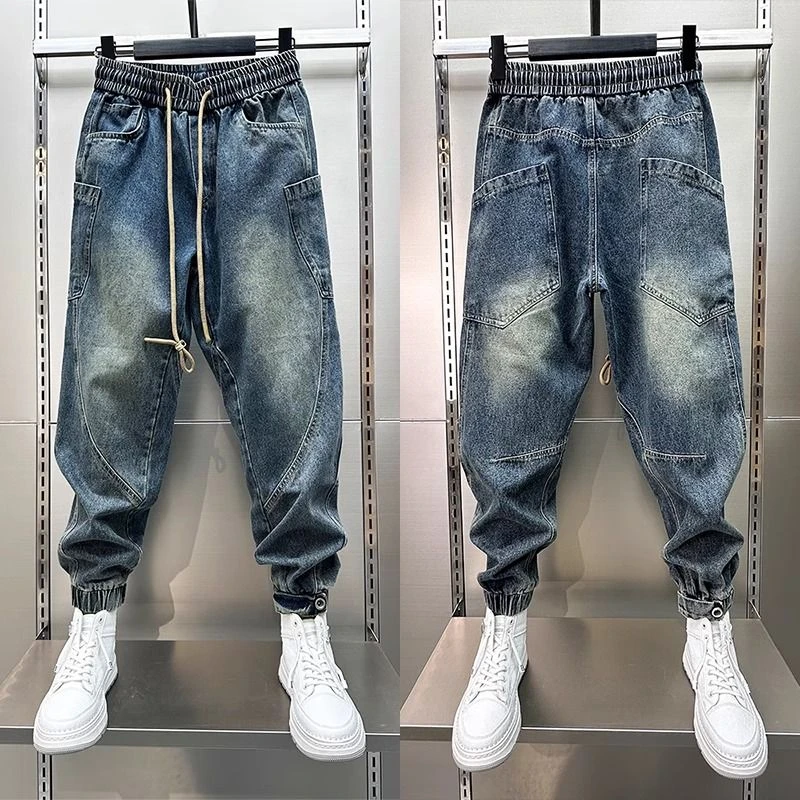 裤子男秋冬时尚百搭宽松潮流水洗磨白牛仔裤潮牌大口袋拼接束脚裤