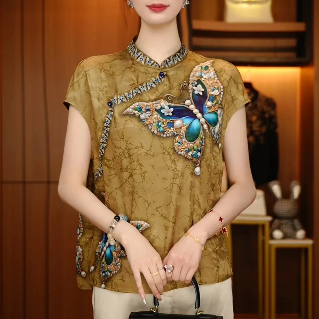 夏季新款时尚新中式国风上衣百搭气质印花款遮肉显瘦短袖旗袍衬衫