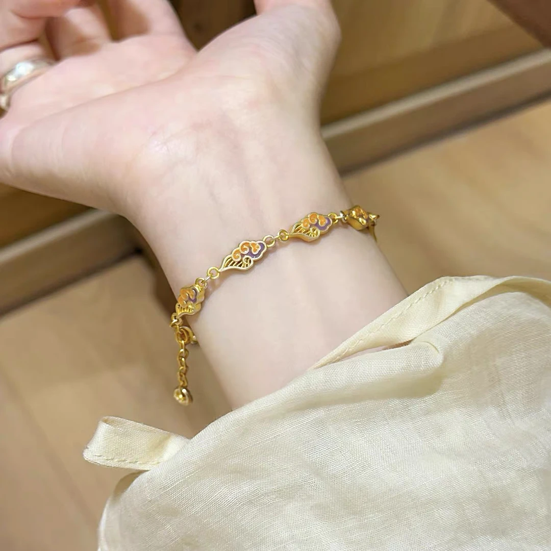 足银珐琅手链 紫霞  银奶奶足银999.9新中式祥云珐琅彩银手链