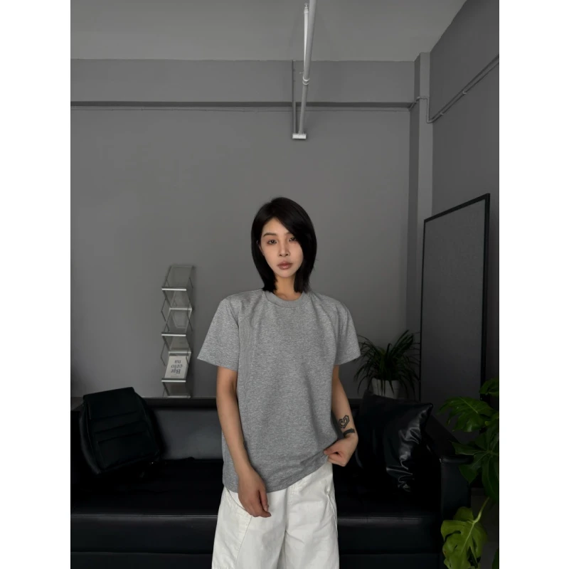 2025空气棉正肩短袖男女美式休闲复古小领口螺纹T恤