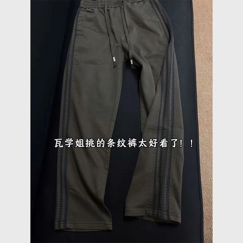 美式复古三条杠条纹裤男款夏季潮牌军绿色工装裤垂感直筒休闲长裤