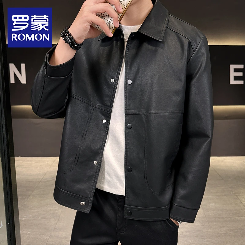罗蒙时尚休闲皮夹克男秋季款潮牌男装翻领皮衣外套男宽松青年上衣