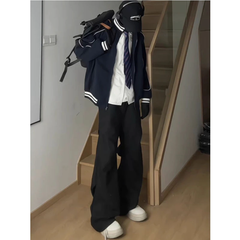 美式高街黑色褶皱西裤男款夏季垂坠高级感痞帅宽松百搭直筒休闲裤